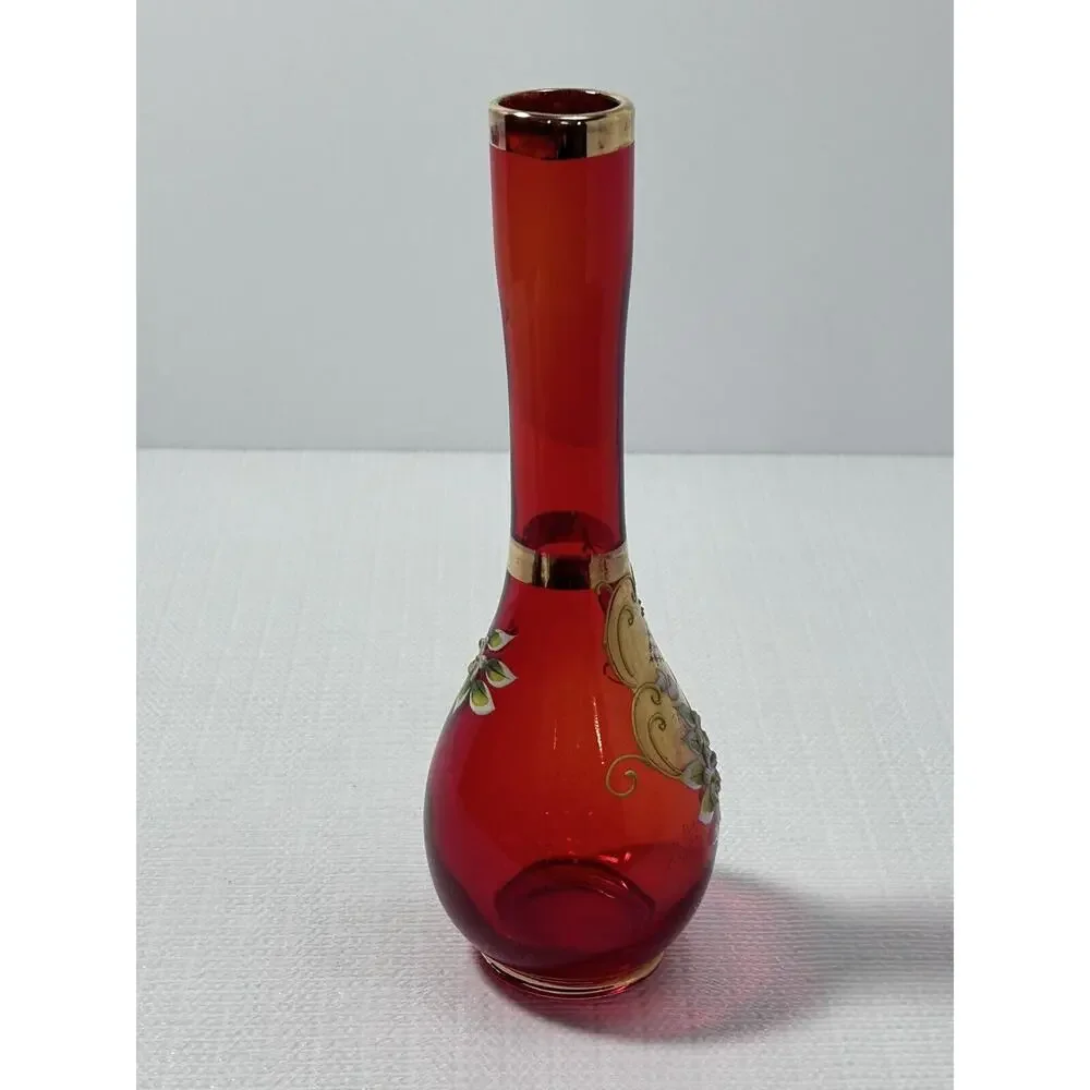 Vintage‎ Japan Emerald Red Bud Vase 8”Gold Gilding Hand Painted Flowers Moriage